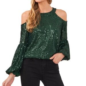 INC Green Sequin Cold Shoulder Top - Large